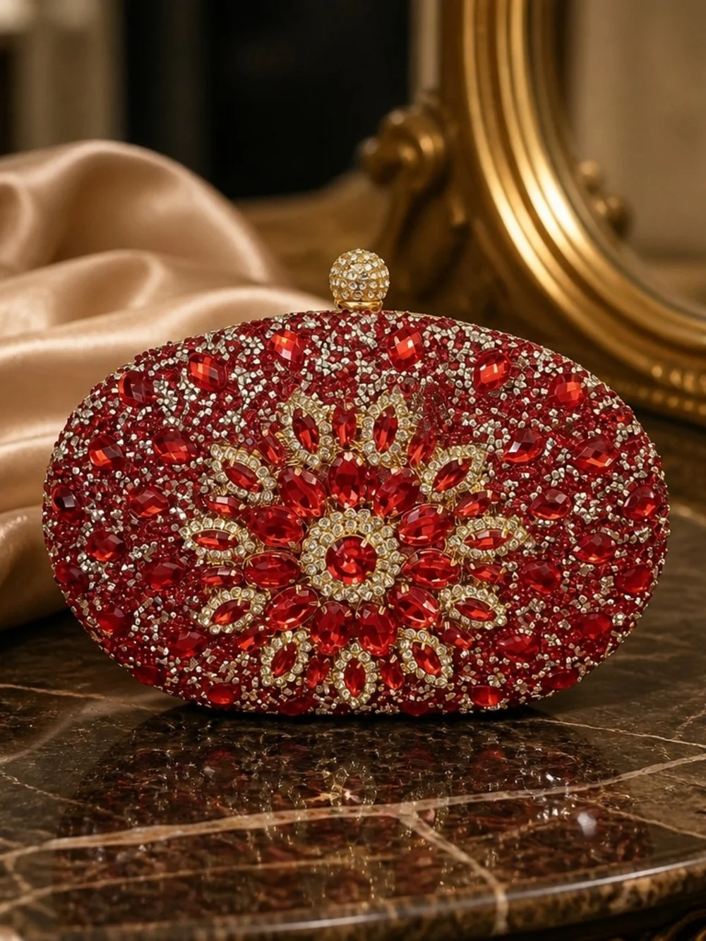 Red Crystal Beaded Oval Evening Clutch